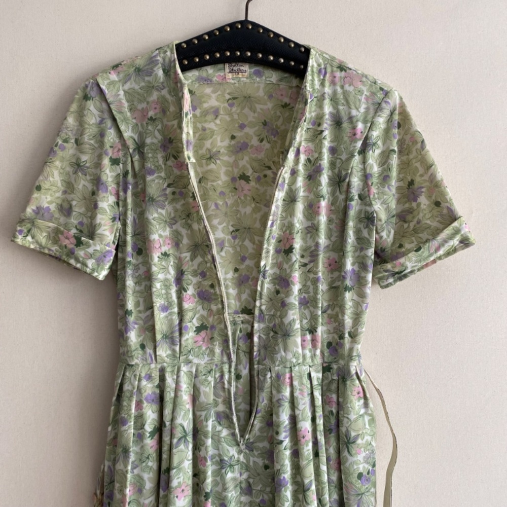 Vintage 1960s/50s Shelton Stroller Green Floral Belted Circle Skirt Dress M/L - Picture 5 of 15